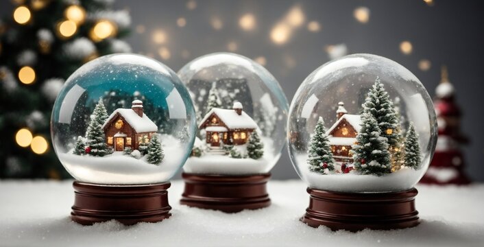 Snow globe with happy snowman Winter holiday wallpaper with white and gold ornaments - Christmas baubles, empty glass snowball, isolated on white background, festive generative ai

