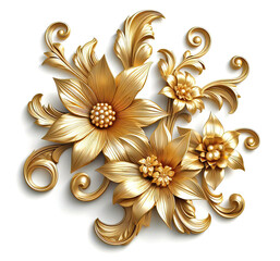 Gold flowers isolated on white, abstract floral background with metal golden flowers ornaments.