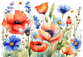 Red poppies watercolor abstract background, poppies flowers artistic background.