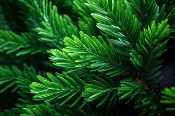 Green prickly branches of a fur-tree or pine leaf. Christmas wallpaper.