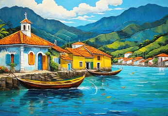 Atmospheric landscape of a small town by the caribbean sea, acrylic painting illustration - obrazy, fototapety, plakaty