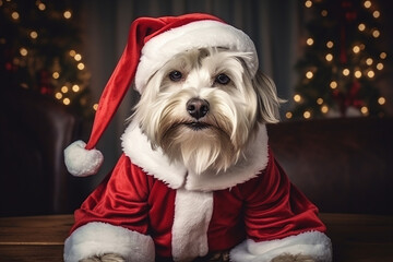 Screensaver of a dog in Santa clothes under dramatic lights.