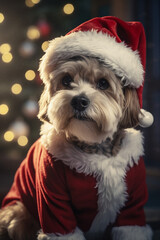 Realistic portrait of a dog in Santa clothes. Dramatic lighting.