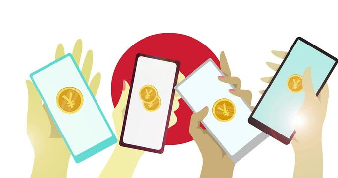 digital yen on smartphone screen in hands of people holding smartphones on background of Japanese flag, 4K