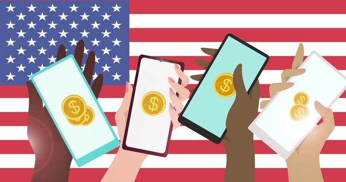 hands of people holding smartphones with dollar on US flag, video 4K