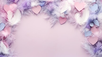 A pastel scene with watercolor-painted hearts and delicate feathers. Happy Valentine's Day. 