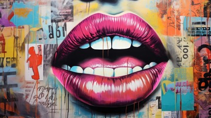 Urban expression through art: a lips against a vibrant graffiti and newspaper collage - obrazy, fototapety, plakaty