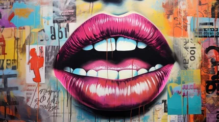 Fotobehang Urban expression through art: a lips against a vibrant graffiti and newspaper collage © Maxim