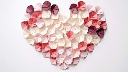 A symmetrical top view of folded origami hearts in various shades of red and pink. Happy Valentine's Day.  - obrazy, fototapety, plakaty