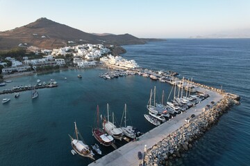 Aerial views from over the Greek town of Piso Livadi, on the island of Paros