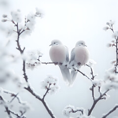 Two white doves on the branch of a white blossoming tree in winter, beautiful winter morning, generative ai