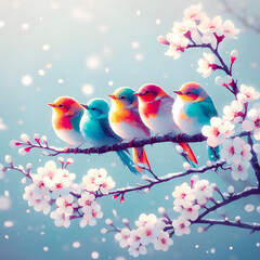 Beautiful and colorful little birds on a branch of cherry blossoms in the spring, illustration, generative ai