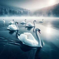 Beautiful winter landscape with white swans on a frozen lake, tranquil winter nature wallpaper, generative ai