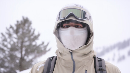 Fototapeta na wymiar caucasian man in snow. white jacket, winter masked adventure or everyday life