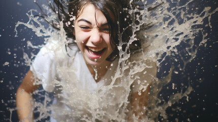 joyful woman in white shirt, playful water spray, energetic fun