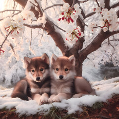 Two puppies of Siberian husky in the snow on the background of a blossoming tree, winter wallpaper, generative ai