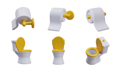 3d realistic model of handle toilet paper and ceramic toilet in different positions. Collection with different elements for bathroom. Vector illustration in 3d style