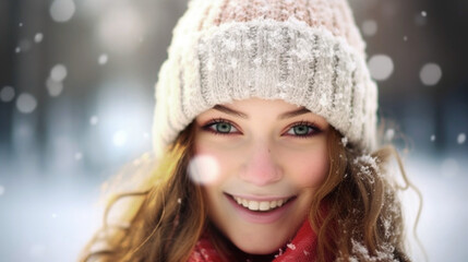 festive snow moment. smiling woman in red scarf, white hat