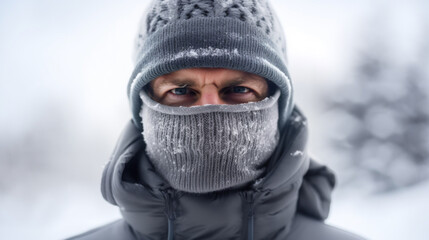 Fototapeta na wymiar bad mood everyday life, winter clothes, mature caucasian man is annoyed or angry, cold winter temperatures, snow covered, fictional location