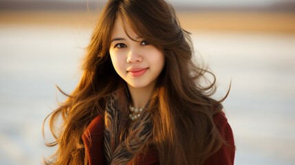 Young woman in red: sunny pose, joyful outdoor moment