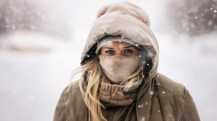 Fototapeta premium blonde woman in snow, bundled up in tan coat and brown scarf, snowy setting captures winter's beauty, mix of cold and warmth