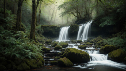 Fototapeta premium Magnificent and captivating waterfall surrounded by lush vegetation and mossy rocks - AI Generative