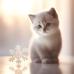 Cute little kitten with a snowflake on a light background, adorable fluffy kitty wallpaper, closeup, generative ai
