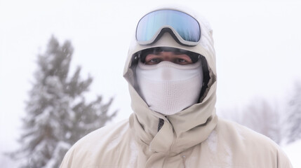 Fototapeta na wymiar caucasian man in snow. white jacket, winter masked adventure or everyday life