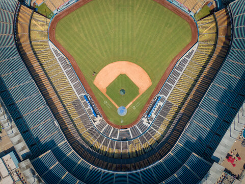 Top Down Aerial Drone View of the FIeld at Dodger Stadium, Los Angeles California