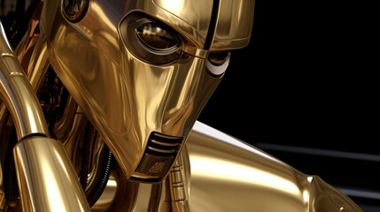 golden robot with metallic appearance in a dark room, unique design resembling a human face with mouth, nose, and eyes