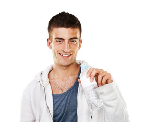 Studio, portrait or happy man drinking water on break in exercise, workout or fitness training....
