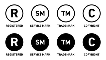 Copyright Icon Registered Icon Trademark icon Service mask Icon. Cm, r, sm, c, tm registration symbol set. Intellectual property right protected by business copyright or trademark registration vector  - obrazy, fototapety, plakaty