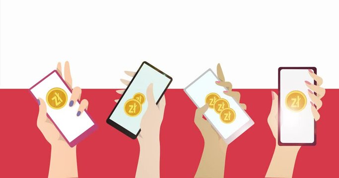 digital zloty on smartphone screen in the hands of people on the background of the flag of Poland, video 4K