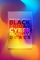 Black friday and Cyber Monday. Glass effct card vector art design gradient colors backgorund