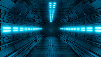 Sci-Fi realistic luminous corridor from the spaceship interior. Cyberpunk Futuristic tunnel with grunge metal walls