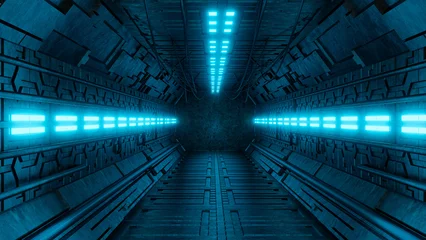 Fotobehang Sci-Fi realistic luminous corridor from the spaceship interior. Cyberpunk Futuristic tunnel with grunge metal walls © AGPhotography
