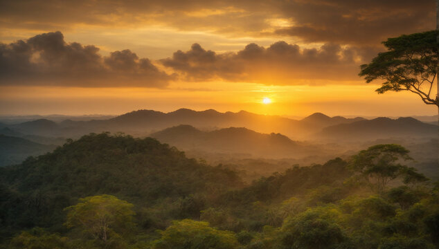 Magnificent sunset casting a golden glow over the jungle landscape - AI Generative