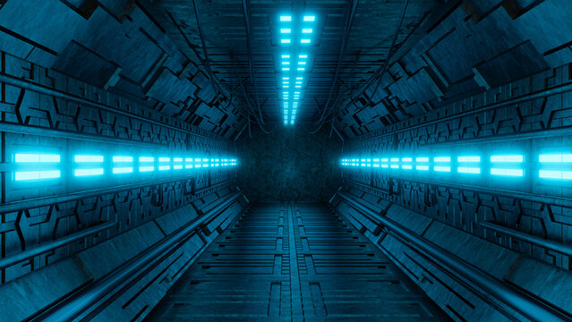 Sci-Fi realistic luminous corridor from the spaceship interior. Cyberpunk Futuristic tunnel with grunge metal walls