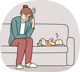 Exhausted young mother struggle with motherhood