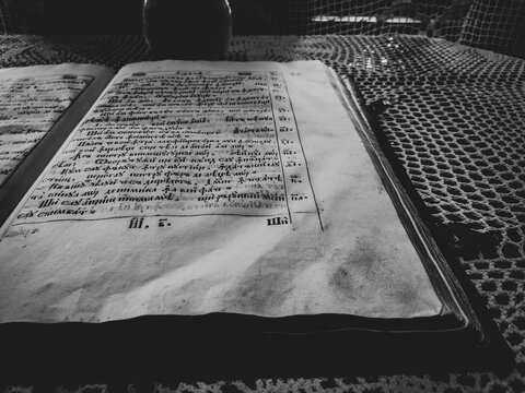 Old orthodox prayer book with Cyrillic letters in Vivant Museum from Agapia Monastery, Romania