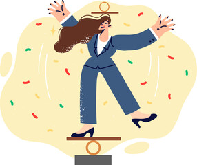Business woman balances and demonstrates acrobatic circus tricks as metaphor for harmony in career