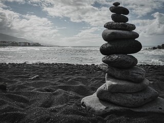 Closeup of stacked rocks in beach