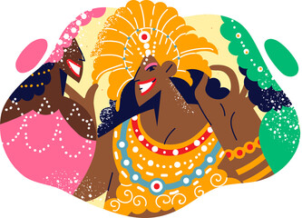 Women in colorful carnival attire for dance festival in brazil smile, inviting you to have fun