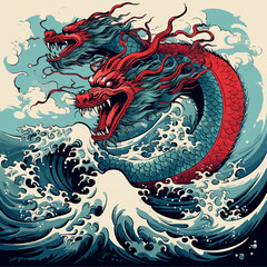 Illustration Japan dragon in Japanese tattoo style with waves - obrazy, fototapety, plakaty