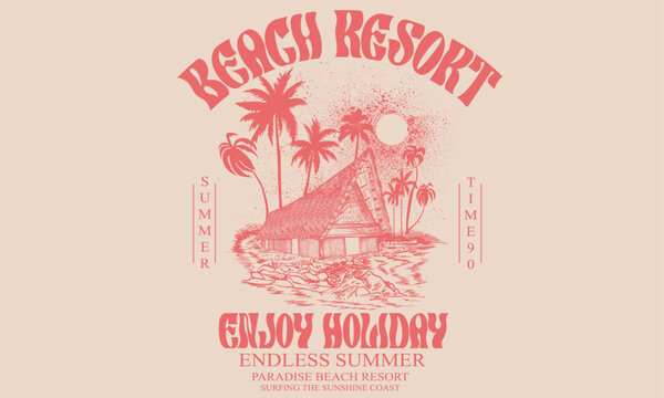 Summer vibes long beach hand draw. Endless summer artwork. Miami, california, hawaii, aloha surf typography for t shirt. Beach paradise resort. Enjoy holiday at dream paradise resort t-shirt design.