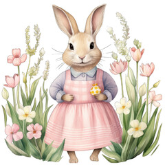 Obraz premium Cute easter bunny with tulips, isolated on transparent background