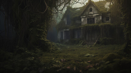 An abandoned, vine-clad, house exudes nostalgic and spooky recollections. - obrazy, fototapety, plakaty