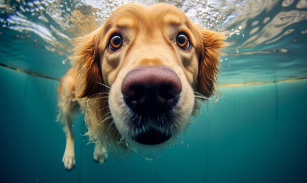 a cute golden retriever swimming under water, Generative AI