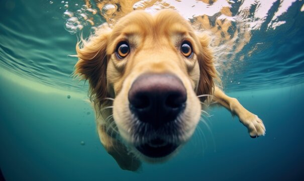 a cute golden retriever swimming under water, Generative AI