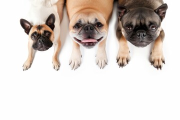 top view of a pug and chihuahuas sprawled out on an isolated white background, Generative AI